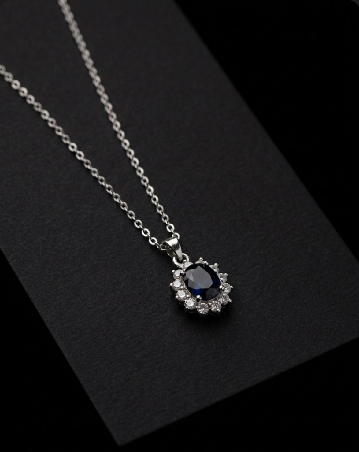 Royal Sapphire Halo Pendant Necklace